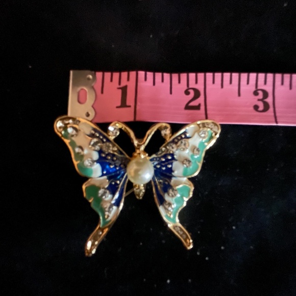 NEW BETSEY JOHNSON RHINESTONE EMBELLISHED BLUE & PEARL BUTTERFLY BROOCH PIN UNUS - Picture 5 of 6
